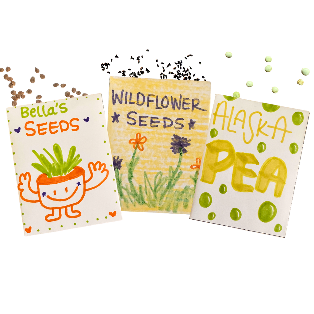 Three seed packets labeled 'Bella's Seeds', 'Wildflower Seeds', and 'Alaska Pea' on a white background.