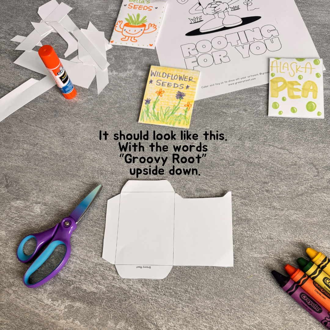 Crafting materials on a gray surface with text instructions.