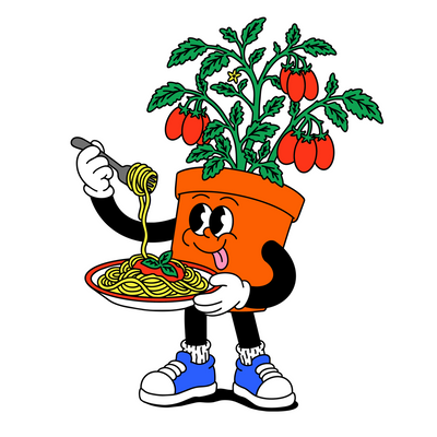 A cartoon illustration of a smiling orange flower pot character with green tomato plants, red tomatoes, arms, legs, blue shoes, and a plate of spaghetti with a fork, on a plain white background.