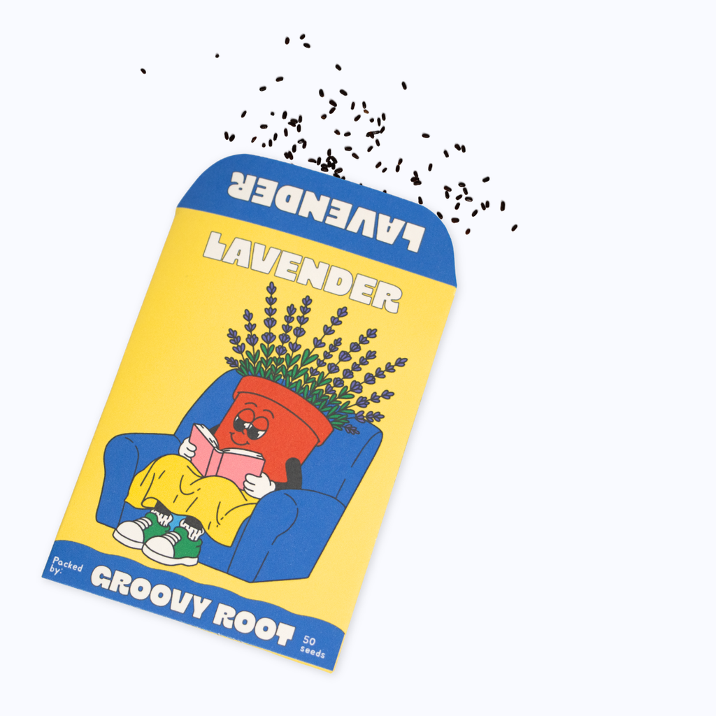A seed packet for 'Groovy Root' Lavender, featuring a yellow background, blue header and footer, and a cartoon illustration of a red planter pot reading 'LAVENDER' while sitting in a blue armchair. Black seed particles are shown exploding from the top.