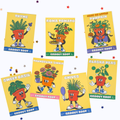 Seven colorful cartoon plant pot characters on yellow cards labeled Thyme, Roma Tomato, Pumpkin, Sweet Basil, Chives, Thyme, Znnia, and Alaska Peas, arranged on a white background with scattered star confetti. The brand name 'Groovy Root' appears at the bottom of each card.