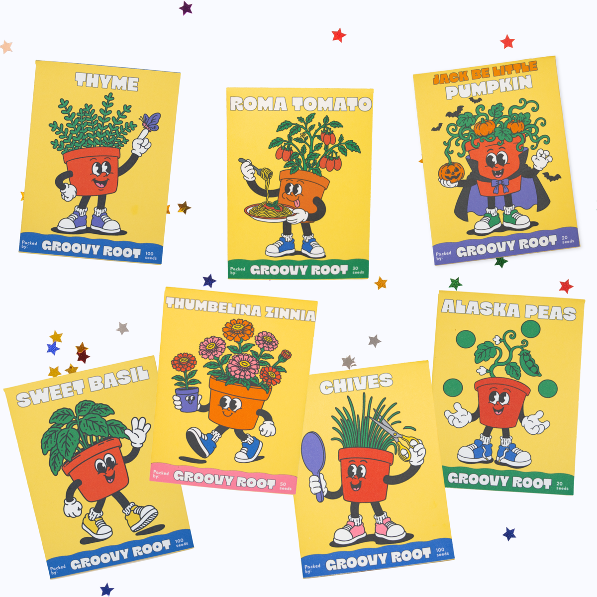 Seven colorful cartoon plant pot characters on yellow cards labeled Thyme, Roma Tomato, Pumpkin, Sweet Basil, Chives, Thyme, Znnia, and Alaska Peas, arranged on a white background with scattered star confetti. The brand name 'Groovy Root' appears at the bottom of each card.