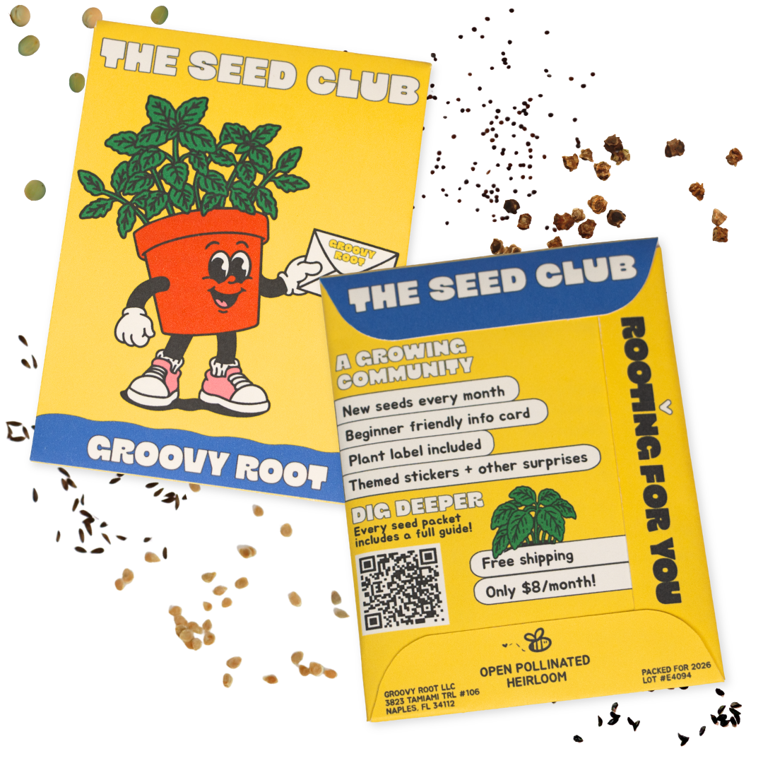 Two yellow and blue seed starter cards for 'The Seed Club' by Groovy Root, displayed on a white background with scattered seed pieces. One card features a cartoon potted plant character, and the other displays product details, shipping info, and a QR code.
