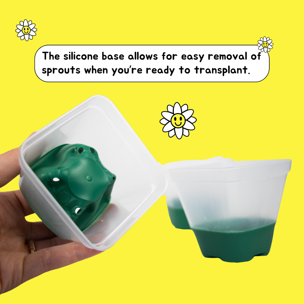 A hand holds a small white plastic tray containing a green sprout-shaped object, with a second similar tray beside it on a bright yellow background. A text bubble explains that the silicone base allows easy removal of sprouts when ready to transplant.
