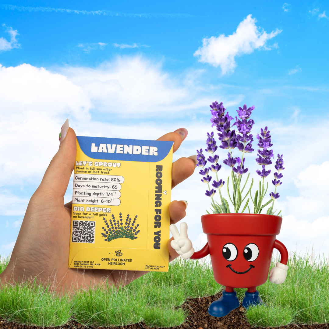 A hand holds a yellow and blue packet of Lavender Rooting Promoter next to a smiling red potted lavender plant with purple flowers, set against a bright blue sky with clouds and green grass.