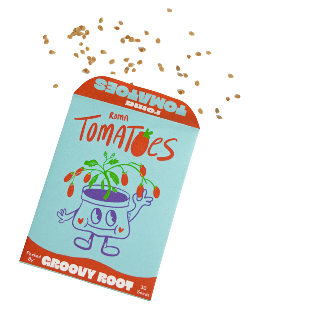 Seeds packet for Roma Tomatoes with cartoon character on a white background