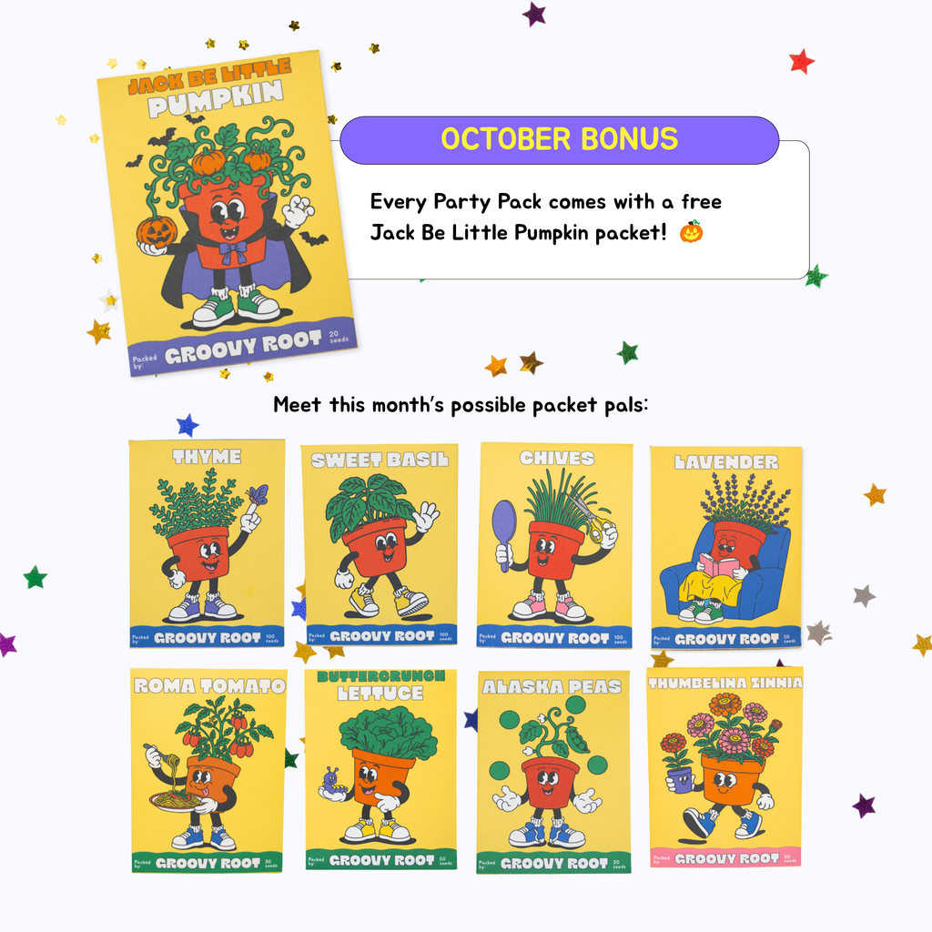 Promotional graphic for an October Bonus featuring a sample 'Jack Be Little Pumpkin' party pack and a list of possible packet pals for the month, including Sweet Basil, Chives, Lavender, Roma Tomato, Buttercrunch Lettuce, Alaska Peas, Zinnia