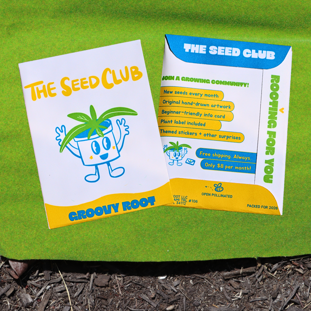 Two 'The Seed Club' seed packets on a green background with mulch at the bottom.
