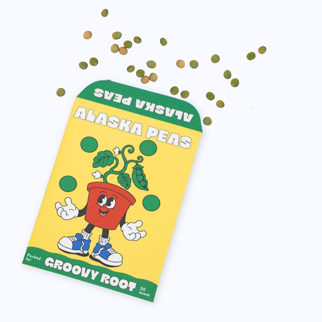 A novelty seed packet labeled 'Alaska Peas' with a cartoon pea plant character, shown on a white background with scattered gold confetti.
