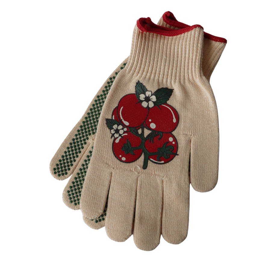 Beige gardening gloves with tomato design on a white background