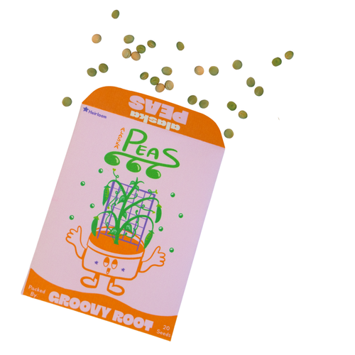 Seed packet with cartoon pea character and scattered peas on a white background