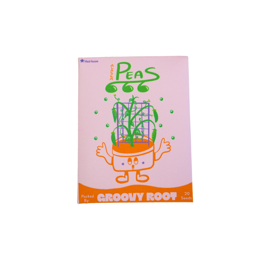 Seeds packet with cartoon character and text on a pink background