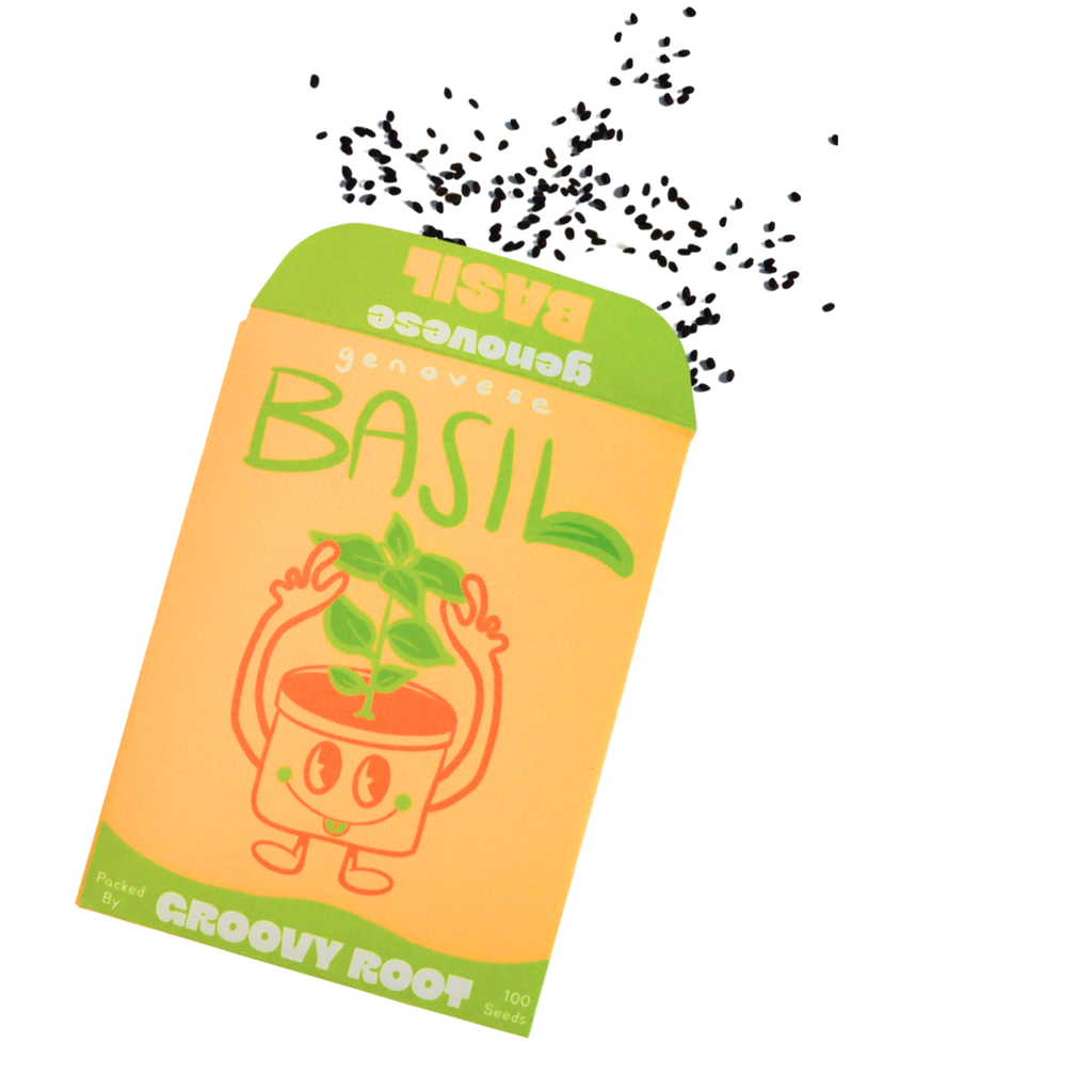 Sealed packet of basil seeds with cartoon plant design on a white background