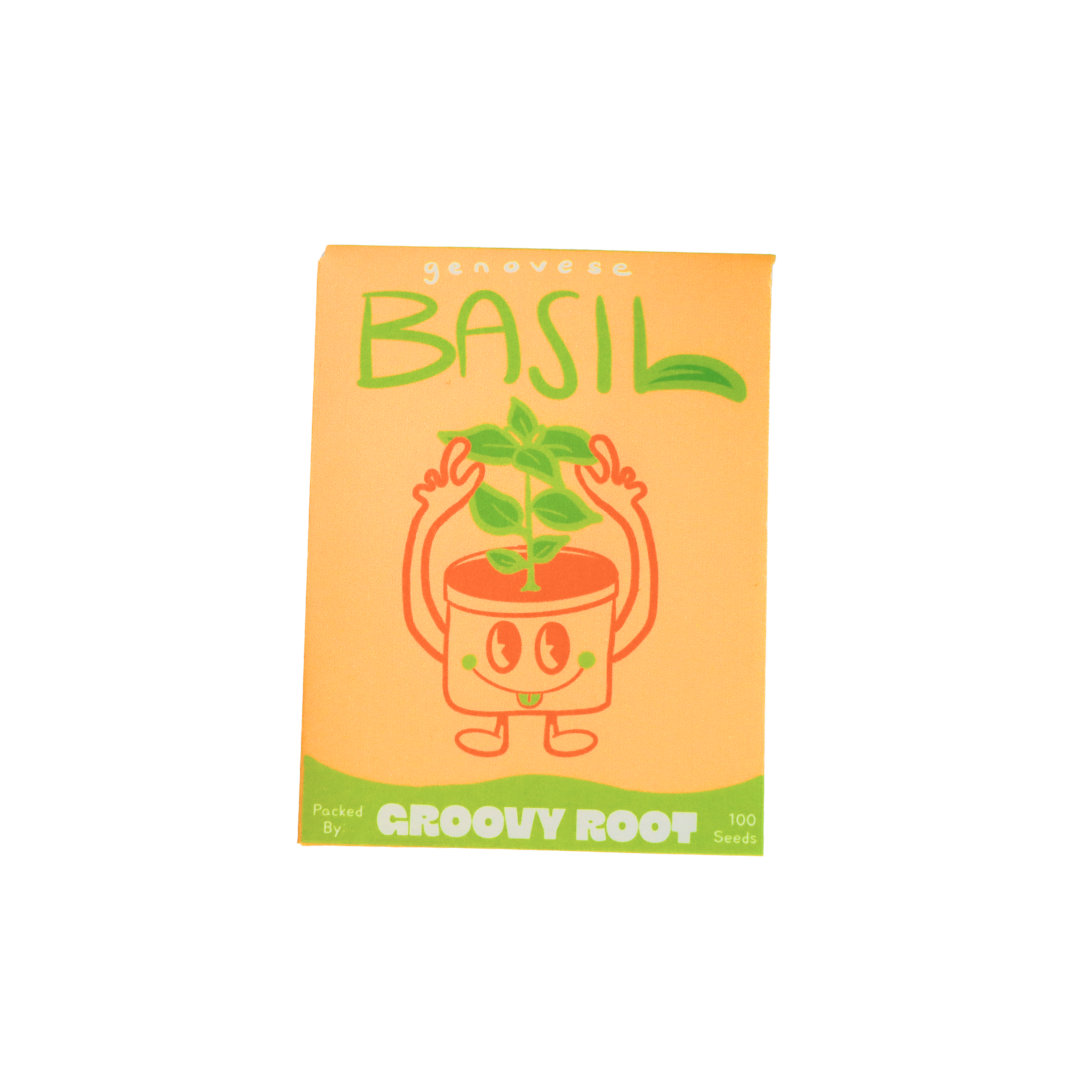 Pack of basil seeds with a cartoon plant design on an orange background