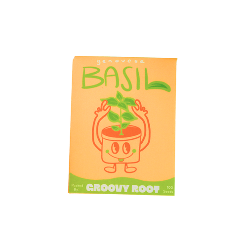 Pack of basil seeds with a cartoon plant design on an orange background
