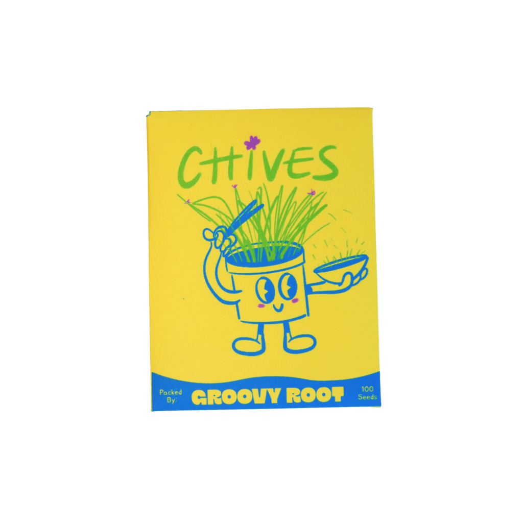 Yellow packet of chives with a cartoon character on a white background