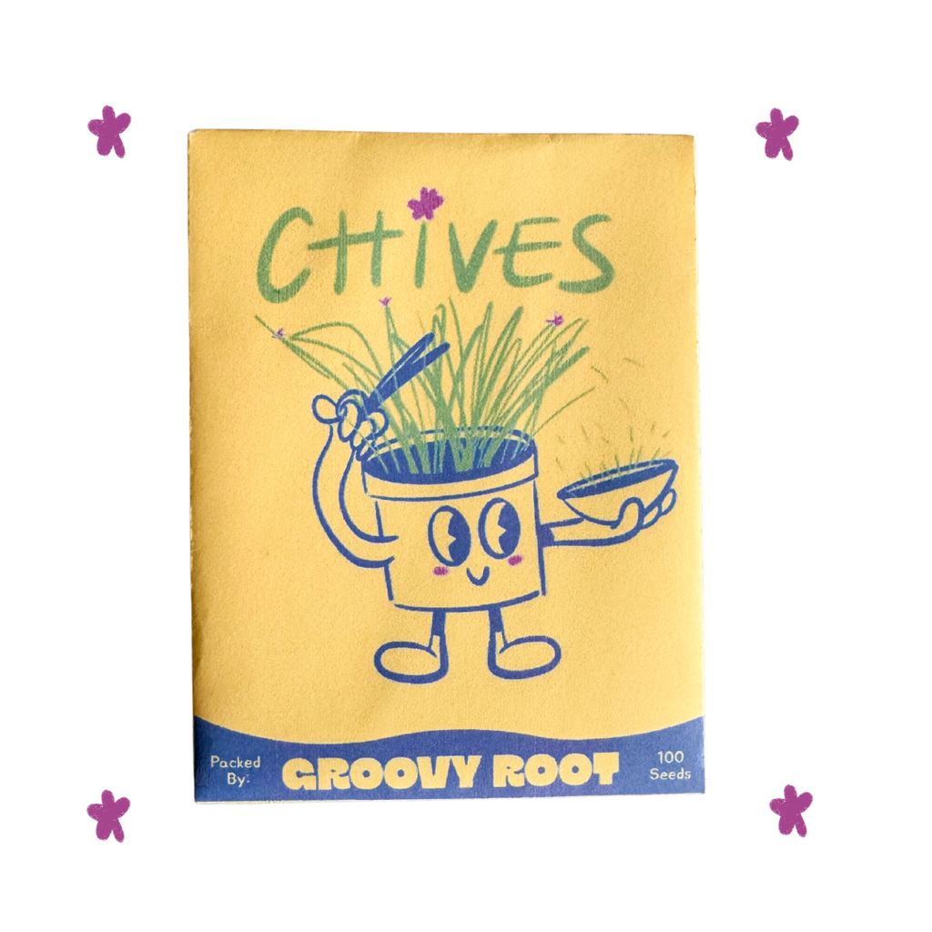 Seeds packet for chives with a cartoon character on a yellow background
