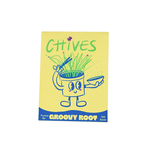 Seeds packet for chives with a cartoon character on a yellow background