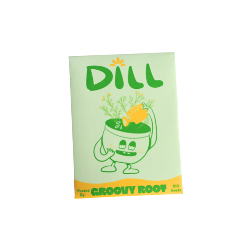 Seeds packet with cartoon character and 'Dill' text on a white background