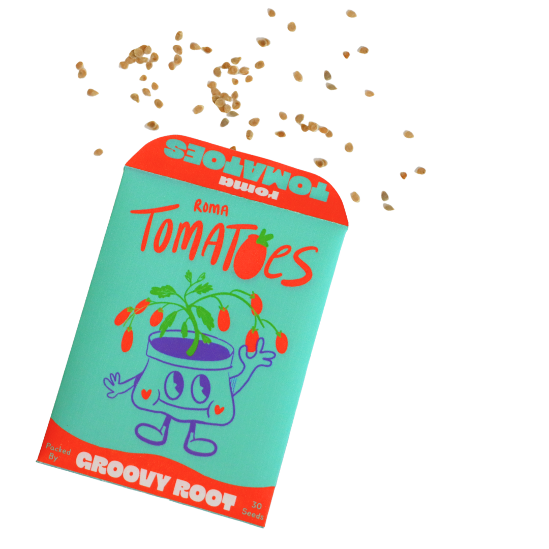 Packaging of Roma Tomatoes with cartoon character and seeds on a white background