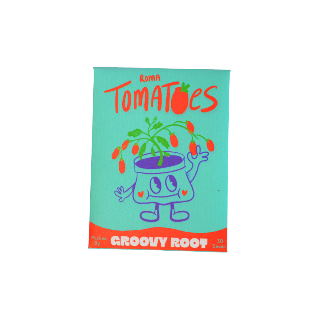 Packaging for 'Roma Tomatoes' with a cartoon tomato character on a teal background.