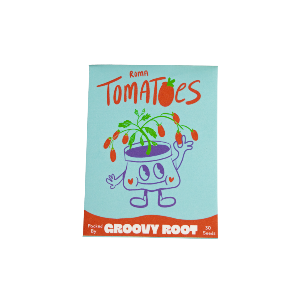 Seeds packet with cartoon tomato character on a light blue background