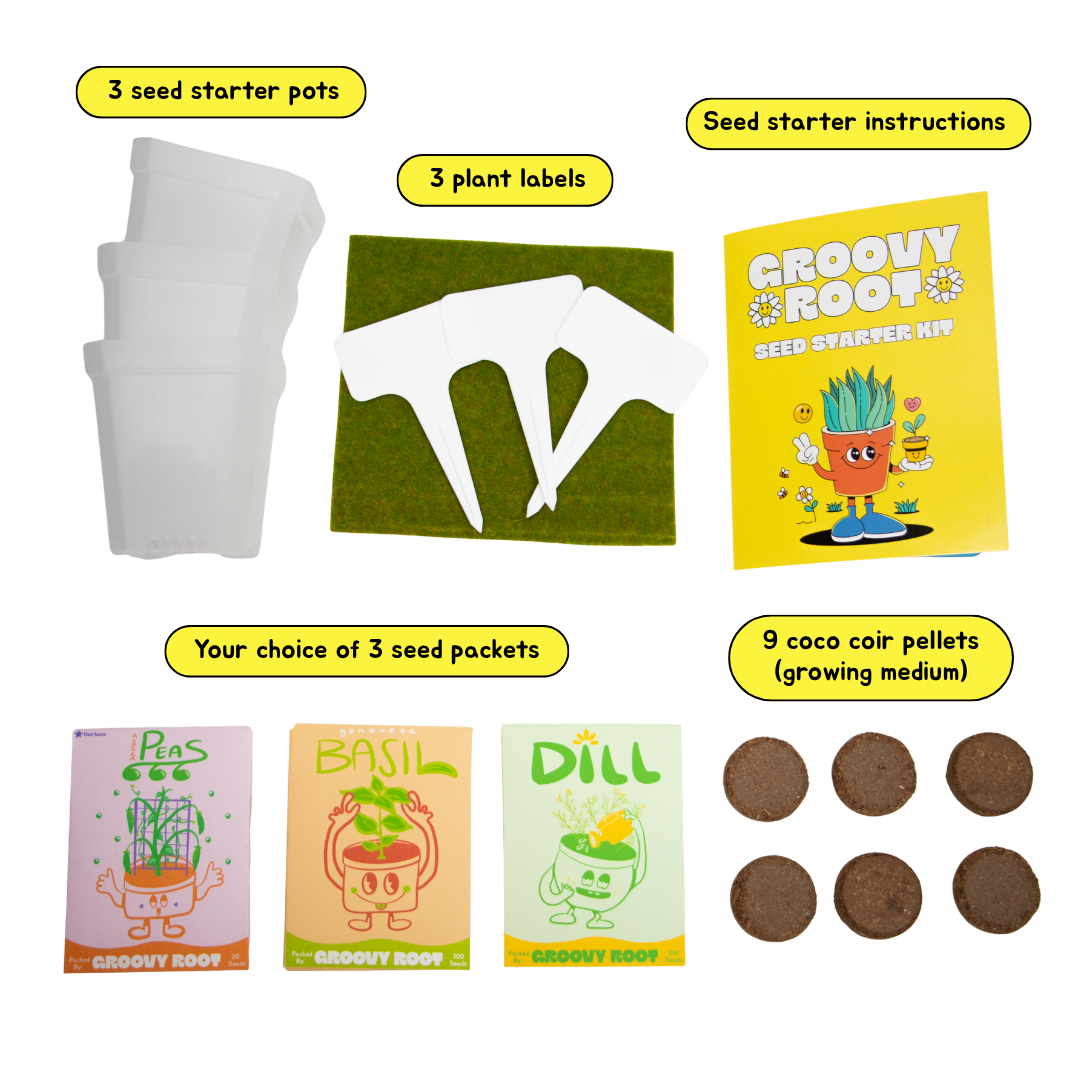 Groovy Roof seed starter kit with seed starter pots, plant labels, seed packets, and coco coir pellets on a white background.