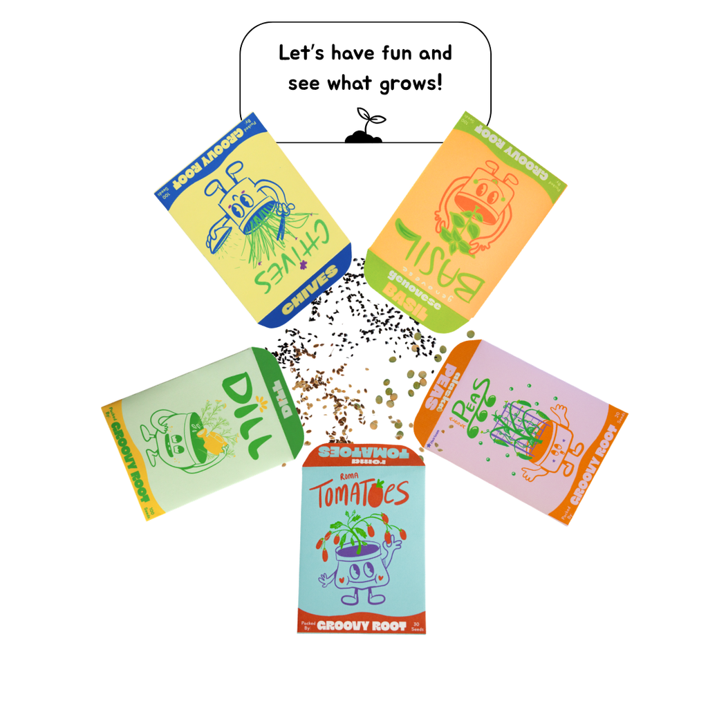 Five colorful seed packets with cartoon characters and text on a white background.