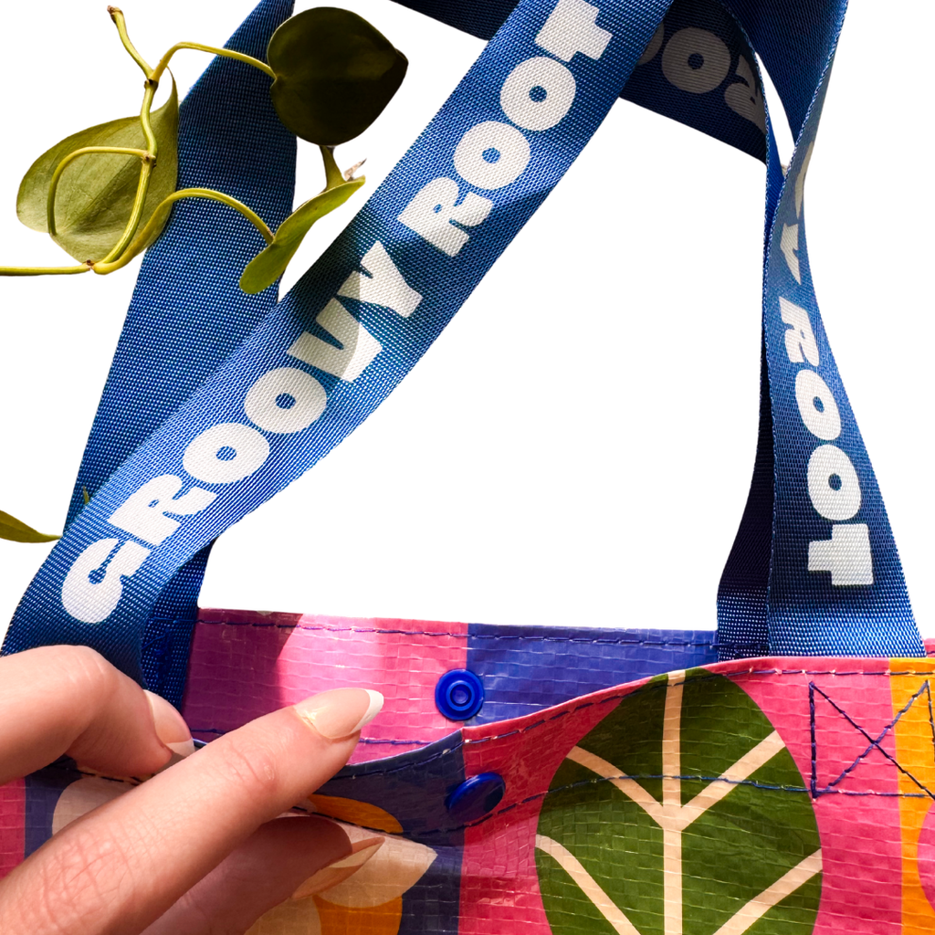 Colorful bag with 'Groovy Root' branding on a white background