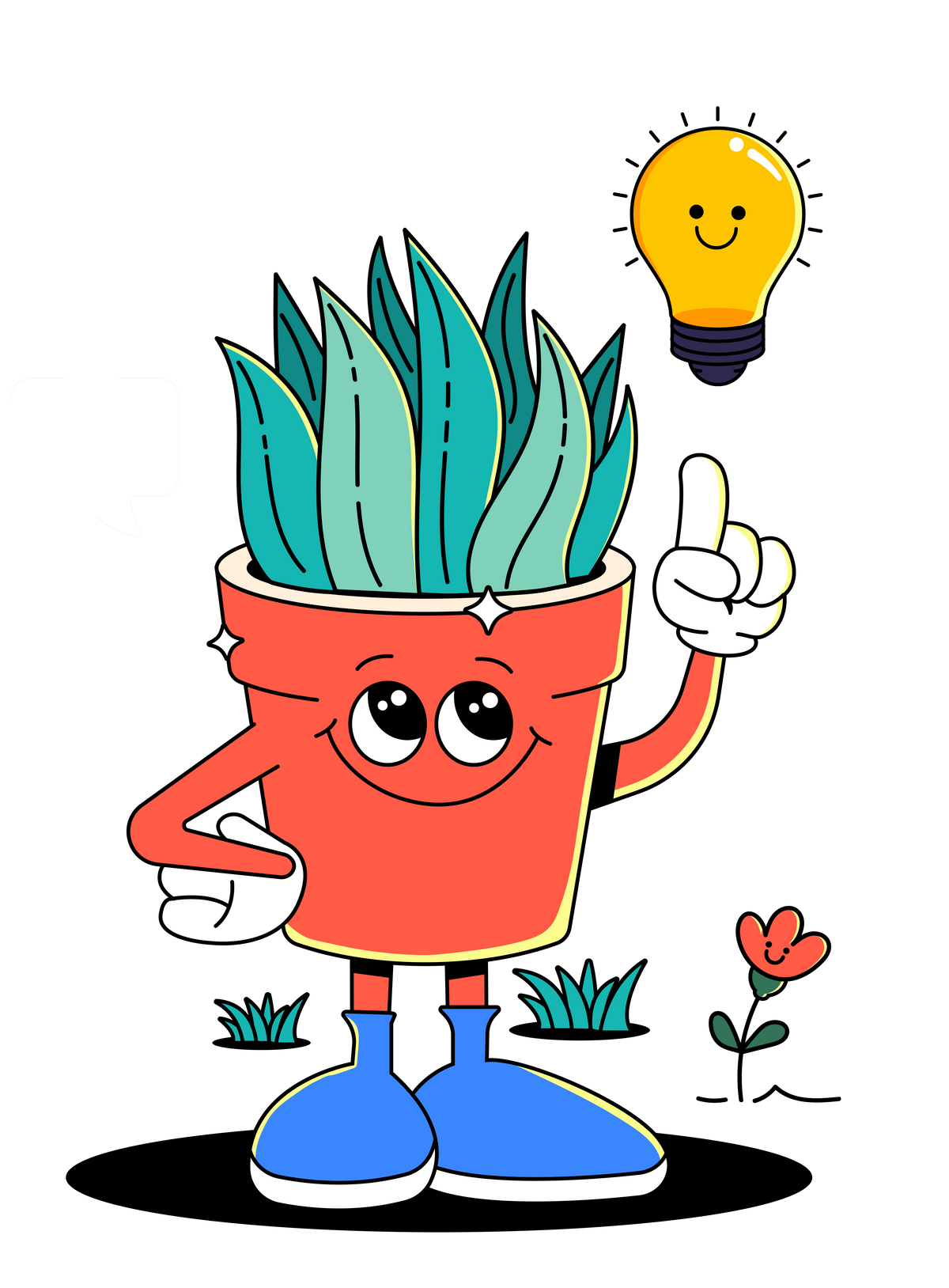 Cartoon plant character with a light bulb above its head on a white background