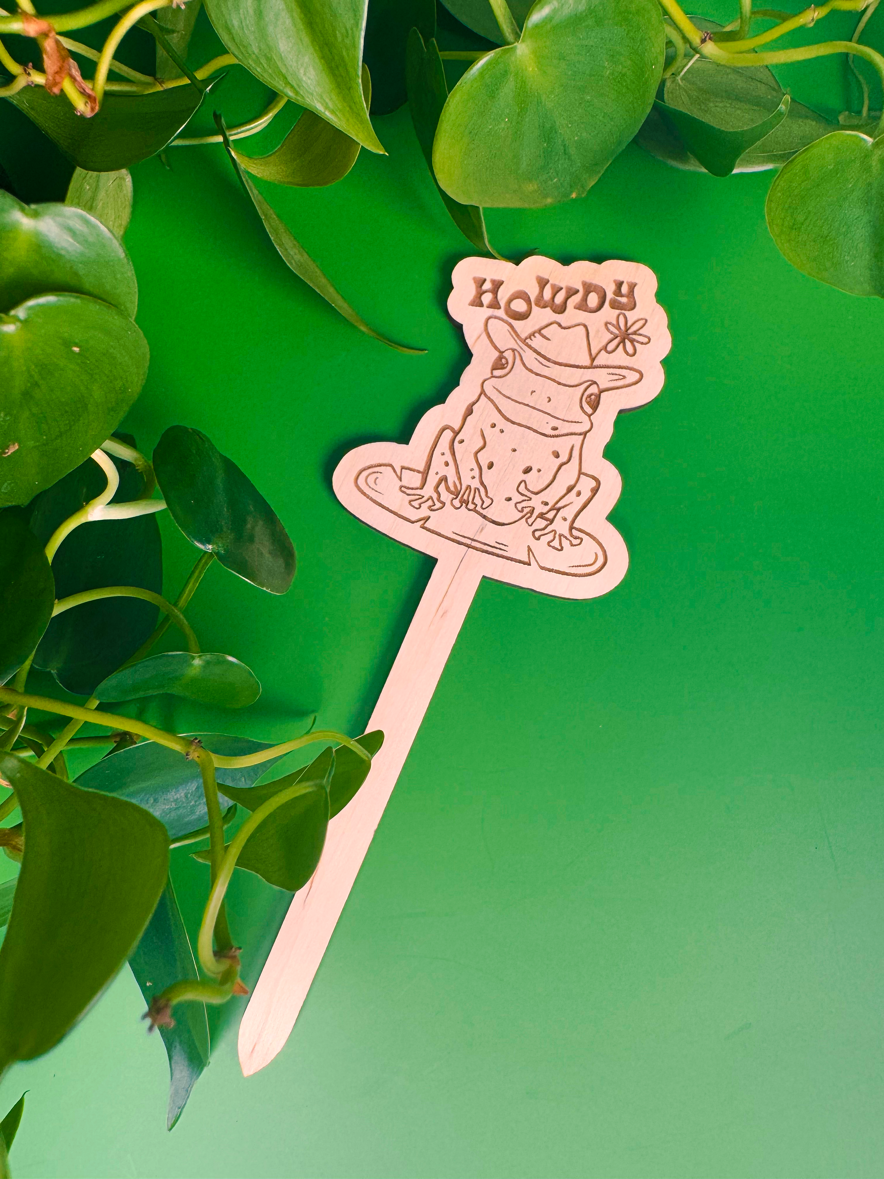 Wooden sign with a frog design and 'Howdy' text on a green background