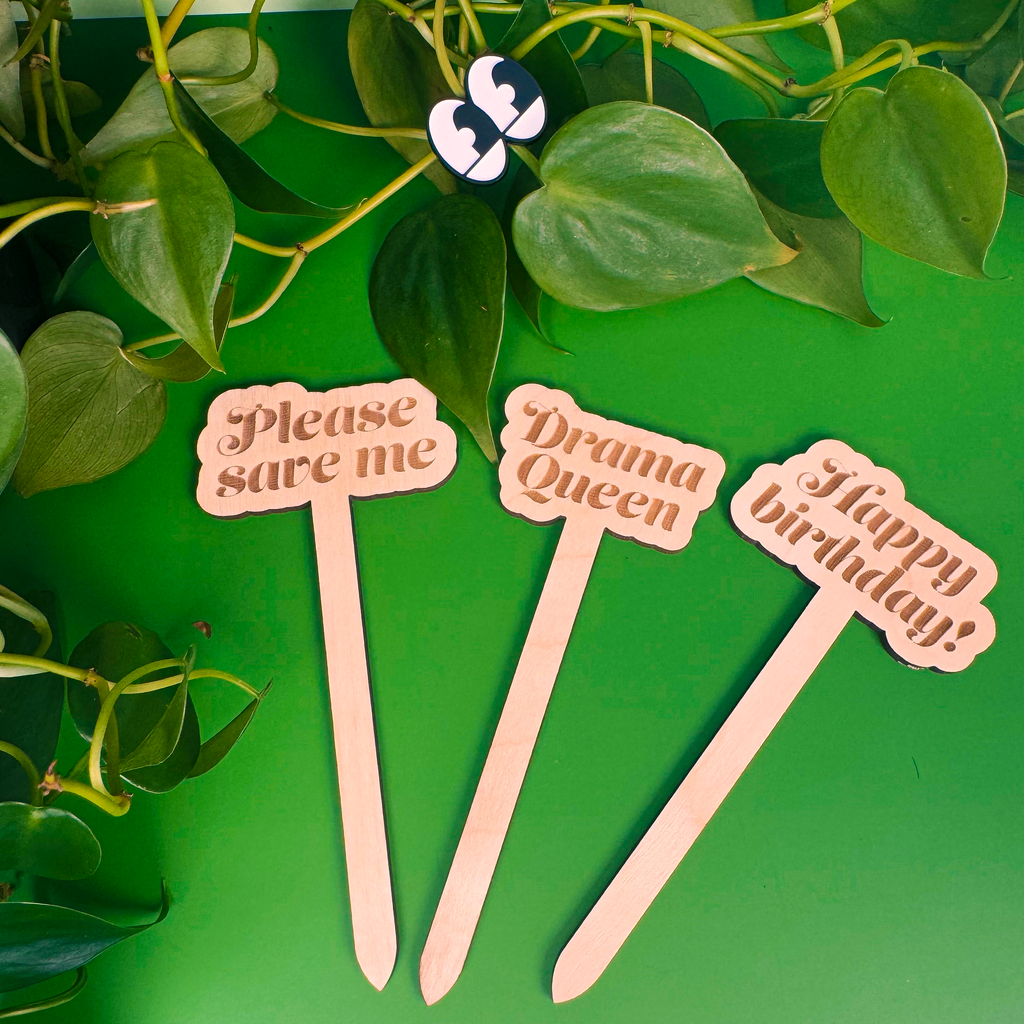 Three wooden sticks with humorous text on a green background with leaves.