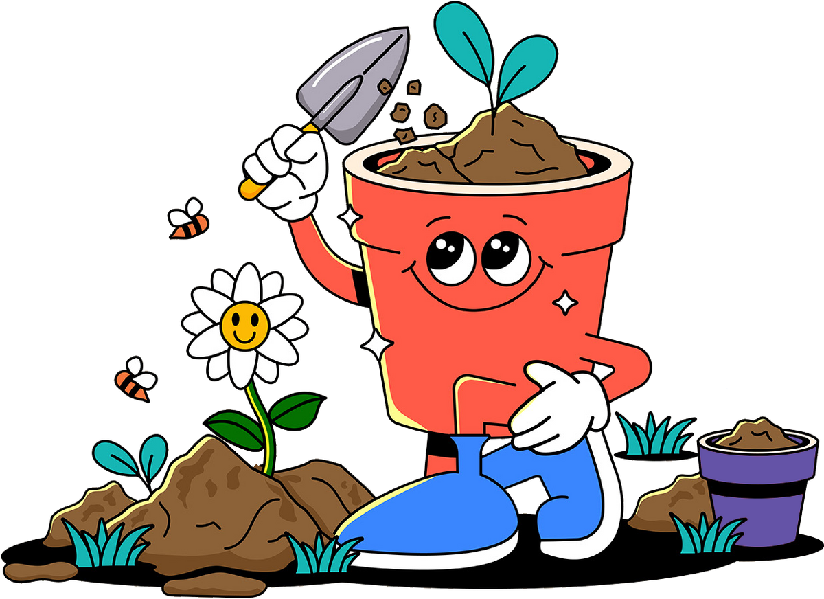 Cartoon pot with face holding a trowel, surrounded by plants and flowers on a white background