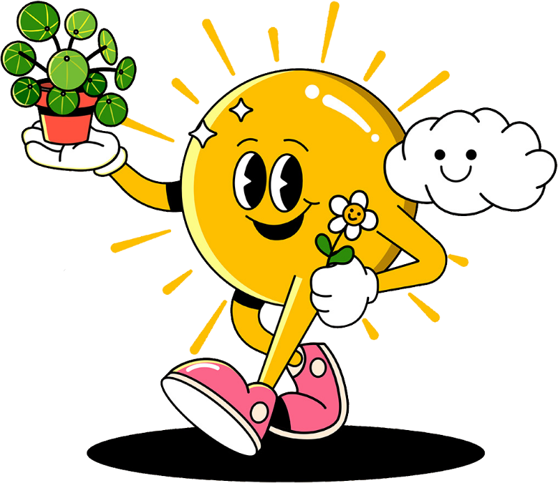 Cartoon sun character holding a flower and a potted plant with a cloud in the background.