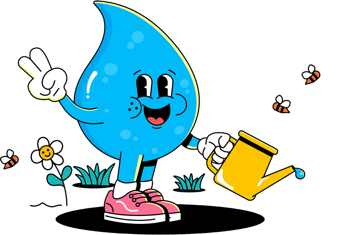 Cartoon water droplet character with a watering can and flowers on a white background