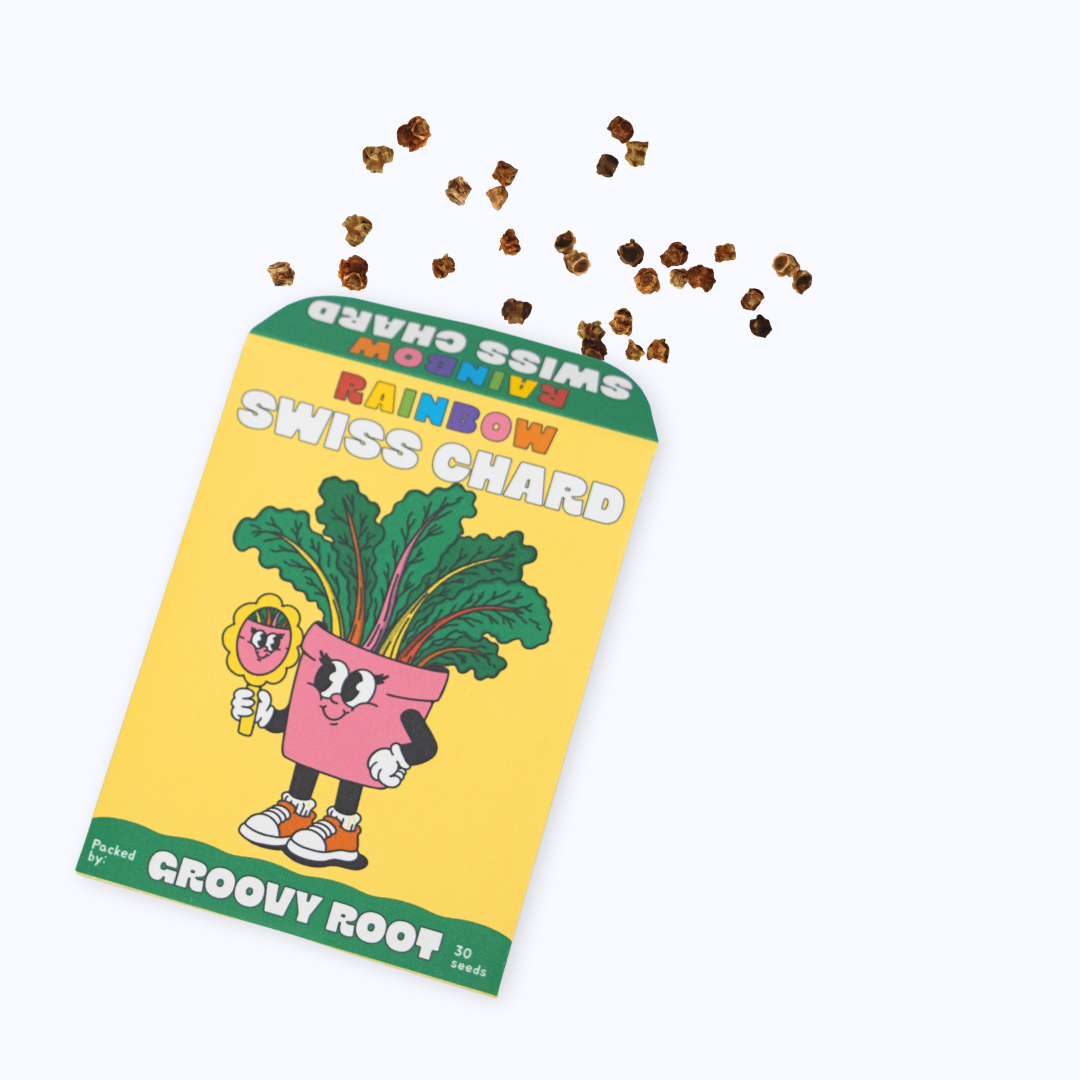A yellow bag of Swiss Chard seeds by Groovy Root, featuring a cartoon pink pot plant and scattered brown seed pieces on a white background.