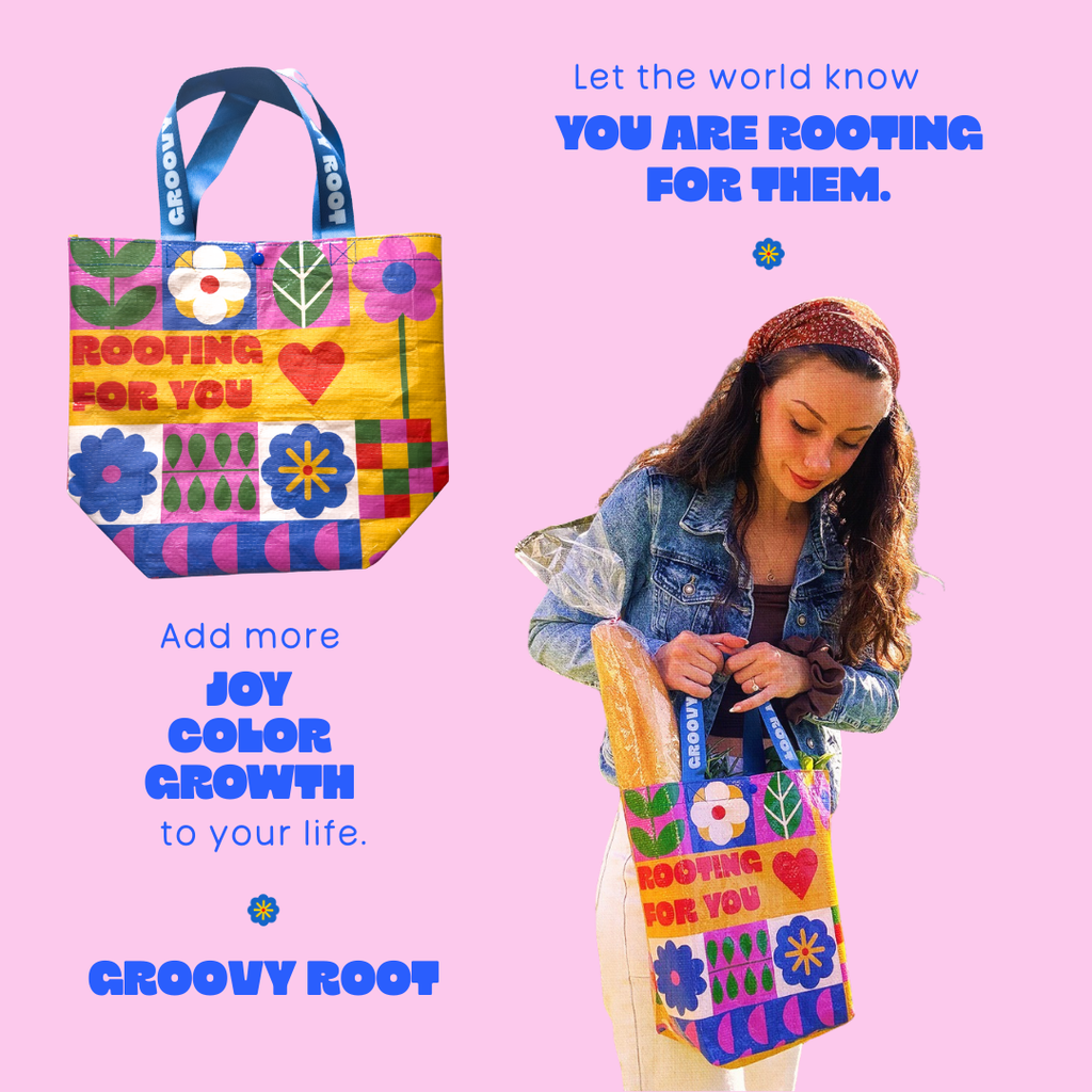 Colorful tote bag with floral patterns and text, worn by a person on a pink background with promotional text.
