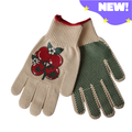 Pair of gardening gloves with tomato design on a white background
