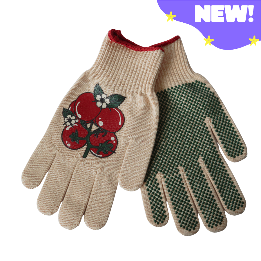 Pair of gardening gloves with tomato design on a white background