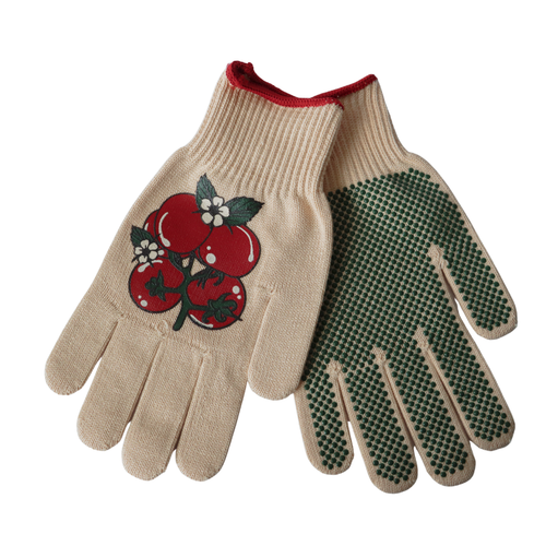 Pair of gardening gloves with tomato design on beige background